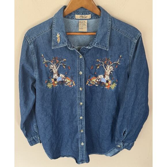 Just My Size Denim Shirt 14/16W Plus Blue Jean Embroidered Fall Teddy Bears - Picture 1 of 3